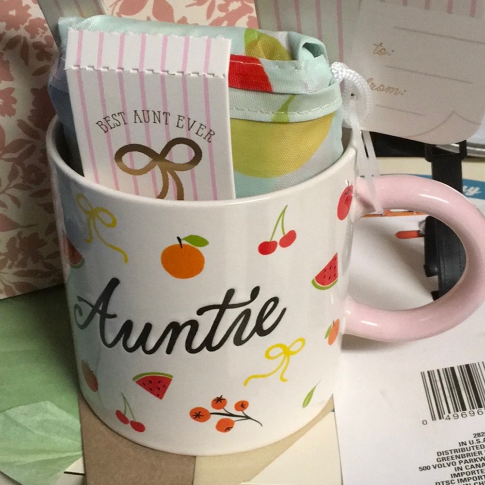 Colorful Auntie Mug and Reusable tote with Fruit Design NWT
